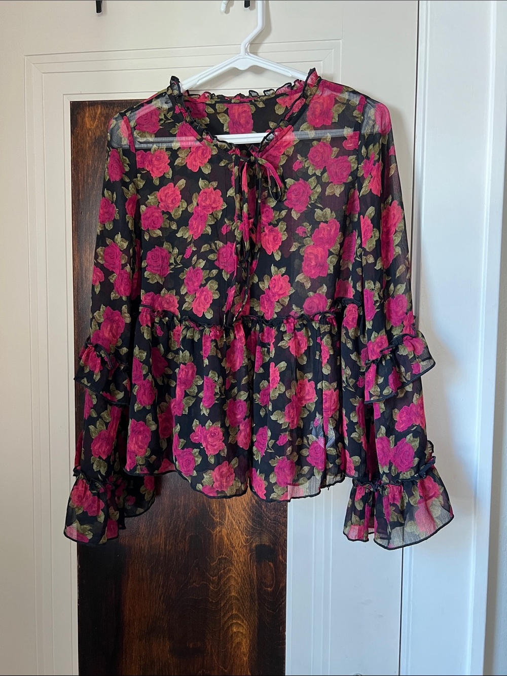 American Eagle Outfitters Black Sheer Blouse with Pink Rose Print and Tie Neck